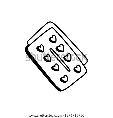 Blister of tablets in the form of a heart. A cure for love. Valentine's day concept. Linear doodle style. Vector on isolated white background. For printing on cards, invitations, tattoo, clothing desi