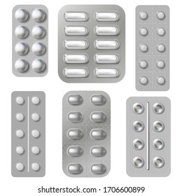 Blisterpackungen und Packungen mit Tabletten. Vitaminkapsel aus der Realistik und Verpackung von Antibiotika. Arzneimittelverpackung einzeln auf Vektorillustration. Tablette und Antibiotikabildung