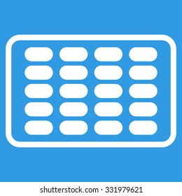 Blister vector icon. Style is flat symbol, white color, rounded angles, blue background.