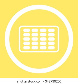 Blister vector icon. Style is flat rounded symbol, white color, rounded angles, yellow background.