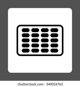 Blister vector icon. Style is flat rounded square button, black and white colors, gray background.