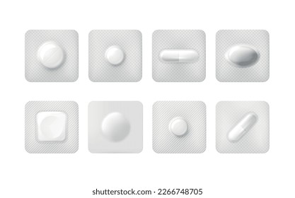 Los ampollas con una cápsula de comprimido de forma diferente establecen ilustraciones vectoriales realistas. pila médica en envases antibióticos analgésicos remedio de la farmacia remedio de los elementos del paquete de medicamentos para la publicidad de medicamentos