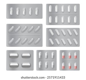 Blisters realistic icons with pills and capsules. Vector packaging for drugs, painkillers, antibiotics, vitamins and aspirin tablets. Set of packs with medicine from pharmacy or drug store