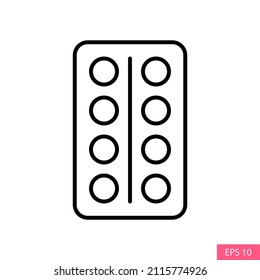 Blisters or tablets strip vector icon in line style design for website design, app, UI, isolated on white background. Editable stroke. EPS 10 vector illustration.