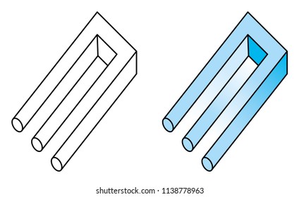 Blivet, impossible trident, a kind of optical illusion. Impossible object and undecipherable figure. Also known as impossible fork, poiuyt and devils tuning fork. Illustration over white. Vector.