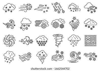 Blizzard climate icons set. Outline set of blizzard climate vector icons for web design isolated on white background