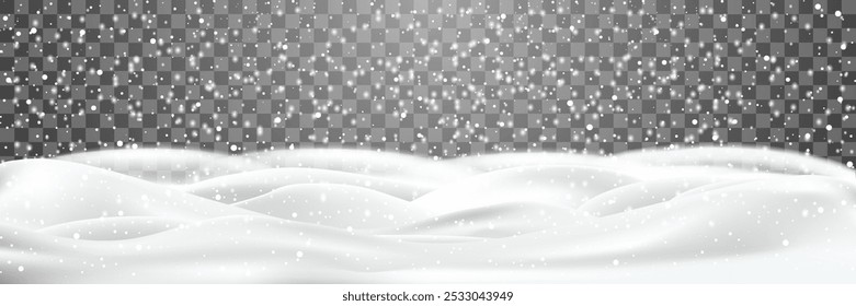 Blizzard falling on snowdrifts, Snowfall and little snow with snow drifts, heavy snowfall with snowbanks field, snow flakes in different shapes, frozen hills, frosty close-up wintry snowflakes