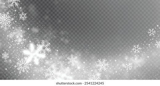 Ventisca sobre fondo transparente, nieve y copos de nieve, diseño de Vector