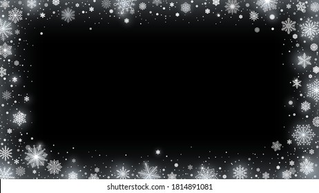Blizzard snow frame. Snowed border, shiny white snowflakes and frosted winter card 16x9 vector illustration background