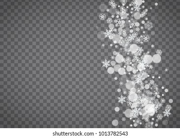 Blizzard snowflake on transparent background. Winter sales, Christmas and New Year design for party invitation, banner, sale. Horizontal winter window. Isolated blizzard with snowflakes. Silver flakes