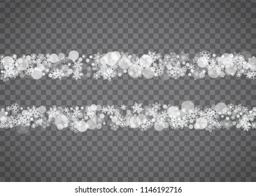 Blizzard snowflake on transparent background. Winter sales, Christmas and New Year design for party invitation, banner, sale. Horizontal winter window. Isolated blizzard with snowflakes. Silver flakes