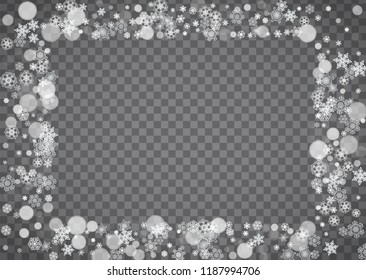 Blizzard snowflake on transparent background. Winter sales, Christmas and New Year design for party invitation, banner, sale. Horizontal winter window. Isolated blizzard with snowflakes. Silver flakes