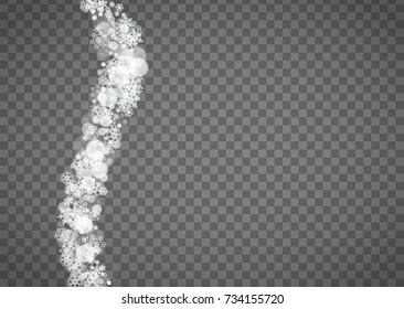 Blizzard snowflake on transparent background. Winter sales, Christmas and New Year design for party invitation, banner, sale. Horizontal winter window. Isolated blizzard with snowflakes. Silver flakes
