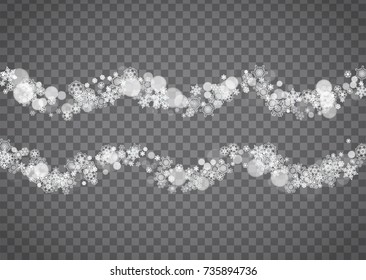 Blizzard snowflake on transparent background. Winter sales, Christmas and New Year design for party invitation, banner, sale. Horizontal winter window. Isolated blizzard with snowflakes. Silver flakes