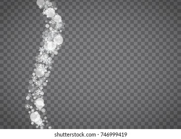 Blizzard snowflake on transparent background. Winter sales, Christmas and New Year design for party invitation, banner, sale. Horizontal winter window. Isolated blizzard with snowflakes. Silver flakes