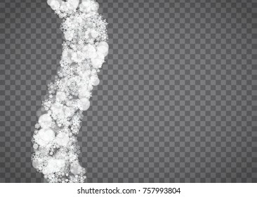 Blizzard snowflake on transparent background. Winter sales, Christmas and New Year design for party invitation, banner, sale. Horizontal winter window. Isolated blizzard with snowflakes. Silver flakes