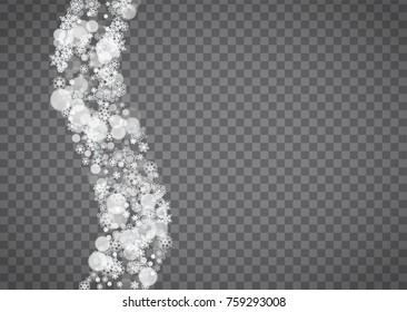 Blizzard snowflake on transparent background. Winter sales, Christmas and New Year design for party invitation, banner, sale. Horizontal winter window. Isolated blizzard with snowflakes. Silver flakes