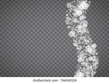Blizzard snowflake on transparent background. Winter sales, Christmas and New Year design for party invitation, banner, sale. Horizontal winter window. Isolated blizzard with snowflakes. Silver flakes