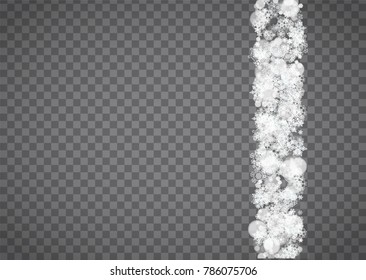 Blizzard snowflake on transparent background. Winter sales, Christmas and New Year design for party invitation, banner, sale. Horizontal winter window. Isolated blizzard with snowflakes. Silver flakes