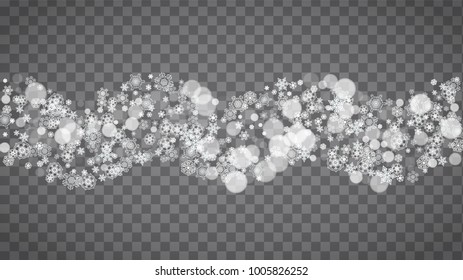 Blizzard snowflakes on transparent grey background. Winter sales, Christmas and New Year design for party invitation, banner, sale. Horizontal winter window. Magic snowflakes. Silver blizzard flakes