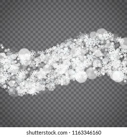 Blizzard snowflakes on transparent grey background. Winter sales, Christmas and New Year design for party invitation, banner, sale. Square winter window. Magic snowflakes. Silver blizzard flakes