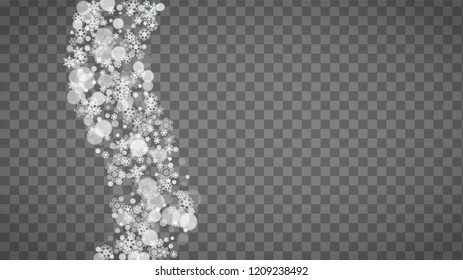 Blizzard snowflakes on transparent grey background. Winter sales, Christmas and New Year design for party invitation, banner, sale. Horizontal winter window. Magic snowflakes. Silver blizzard flakes