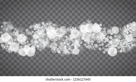 Blizzard snowflakes on transparent grey background. Winter sales, Christmas and New Year design for party invitation, banner, sale. Horizontal winter window. Magic snowflakes. Silver blizzard flakes