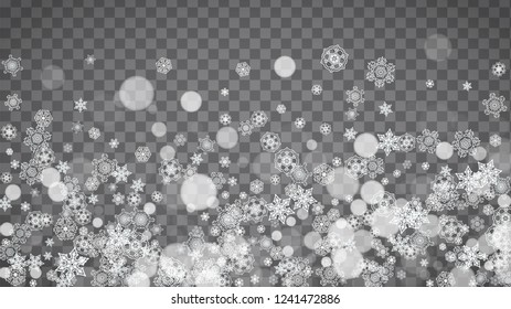 Blizzard serpentea sobre fondo gris transparente. Ventas de invierno, diseño de Navidad y Año Nuevo para invitación de fiesta, banner, venta. Ventana horizontal de invierno. Los copos de nieve mágicos. Flores de ventilado plateado