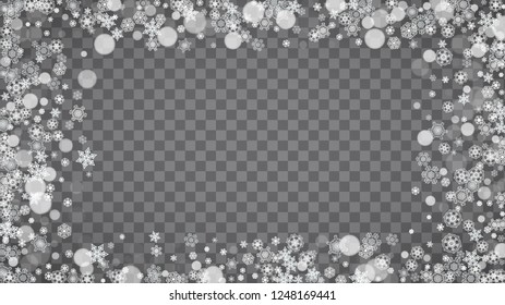 Blizzard snowflakes on transparent grey background. Winter sales, Christmas and New Year design for party invitation, banner, sale. Horizontal winter window. Magic snowflakes. Silver blizzard flakes