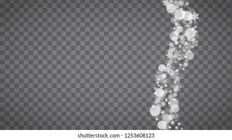 Blizzard snowflakes on transparent grey background. Winter sales, Christmas and New Year design for party invitation, banner, sale. Horizontal winter window. Magic snowflakes. Silver blizzard flakes