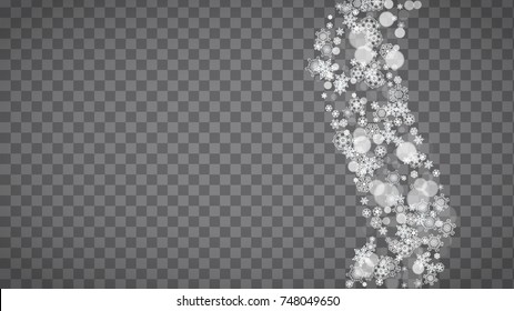 Blizzard snowflakes on transparent grey background. Winter sales, Christmas and New Year design for party invitation, banner, sale. Horizontal winter window. Magic snowflakes. Silver blizzard flakes