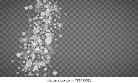 Blizzard snowflakes on transparent grey background. Winter sales, Christmas and New Year design for party invitation, banner, sale. Horizontal winter window. Magic snowflakes. Silver blizzard flakes