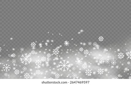 Blizzard storm with falling snow and textured background. Defocused magic snowflake dust for wintertime scenes. New year holiday particle overlay with light and abstract glitter.