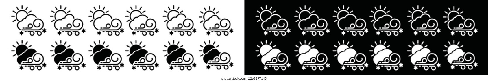 Blizzard weather during the day icon set. Snowstorm weather during the day icons collection. Snowflake, cloud, sun, and wind icon symbol for apps and websites, vector illustration