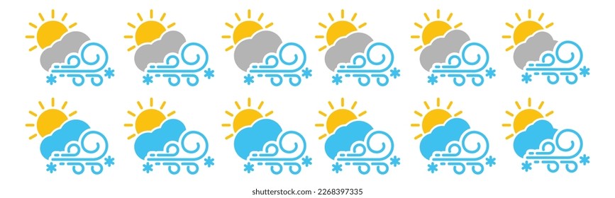Clima de Blizzard durante el juego de iconos del día. Tiempo de tormenta de nieve durante el día de la colección de iconos. Símbolo de icono Snowflake, cloud, sun y wind para aplicaciones y sitios web, ilustración vectorial