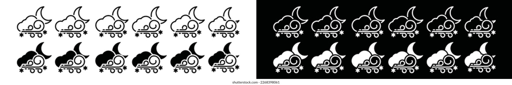 Blizzard weather at night icon set. Snow storm weather at night icons collection. Snowflake, cloud, moon, and wind icon symbol for apps and websites, vector illustration