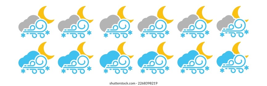 Blizzard weather at night icon set. Snow storm weather at night icons collection. Snowflake, cloud, moon, and wind icon symbol for apps and websites, vector illustration