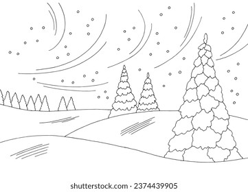 Blizzard winter forest graphic black white fir tree landscape sketch illustration vector