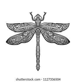 Schwarz-weiße Libelle im Mandala-Stil. Stilisiertes Insekt. Boho, Vektorgrafik. Ethnische Zugehörigkeit.