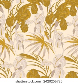 Blloming Irises with exotic leaves. Seamless pattern with yellow petals. Seamless vector pattern.