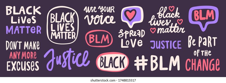 BLM. Black lives matter 2020 sticker set collection. Social media content post banner anti racism. Hand drawn calligraphic art work