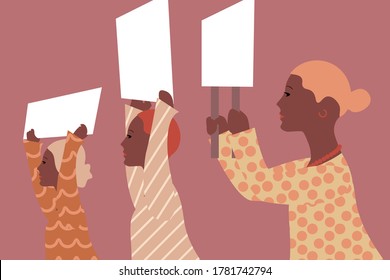 BLM, black lives matter. Feminism, diversity protest. Women holding blank placards and banners taking part in parade. Social activism. Diversity, women's right, movement. Vector illustration.