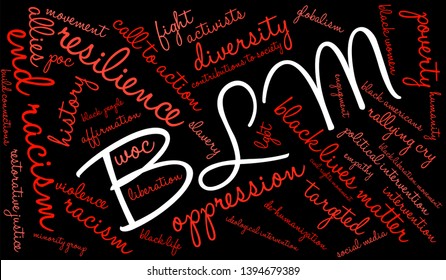 BLM Black Lives Matter word cloud on a black background. 