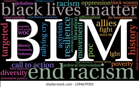 BLM Black Lives Matter word cloud on a black background. 