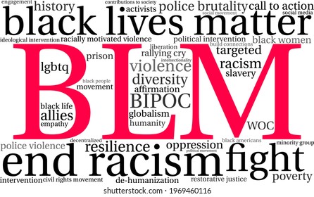 BLM Black Lives Matter word cloud on a white background. 