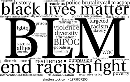 BLM Black Lives Matter word cloud on a white background. 