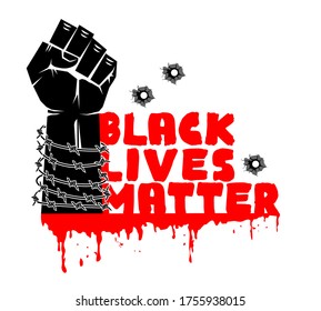 BLM protest concept poster.  Black lives matter and raised strong fist. Illustration, vector