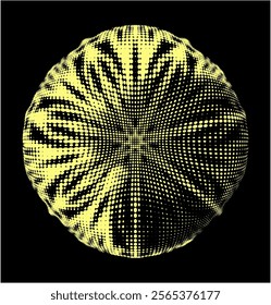 A bloated floral sphere made of halftone golden dots. Lightening the bottom right part for copying text. Black background for example. For logo, trademark, brand. Vector. 
