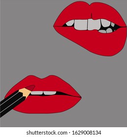 Bloated lips are painted with a pencil