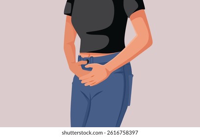 
Bloated Woman Suffering from Abdominal Pain Vector Illustration. Girl  has abdominal pain during premenstrual period 

